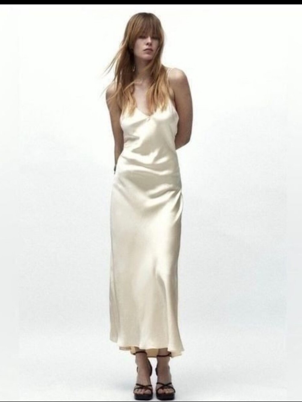 ZARA Satin Slip Maxi Dress Sz Large Champagne Gold